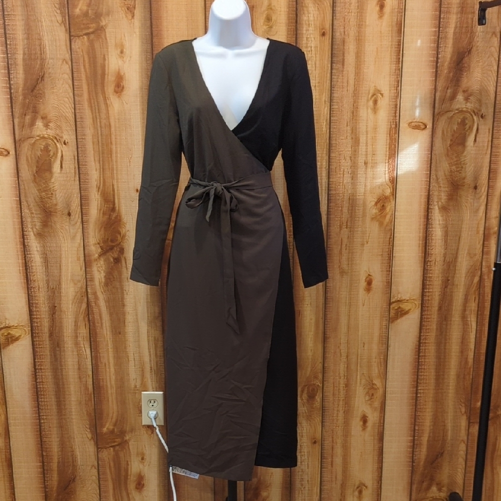 Modcloth Hutch Olive Green/Brown & Black Elegant Two-Tone Wrap Long Sleeve Dress